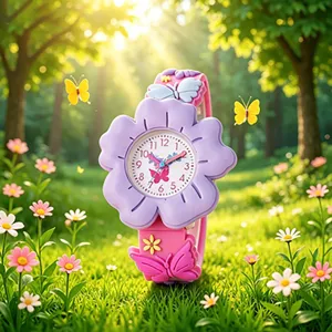 Cute kids flower dial quartz watch with pink butterfly strap main product view
