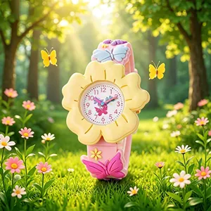 Kids cute butterfly flower quartz watch with pink strap for students outdoor daily wear