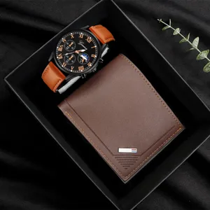 Herren Business Uhr und Geldbörse Geschenkset mit braunem Lederarmband und Zifferblatt.