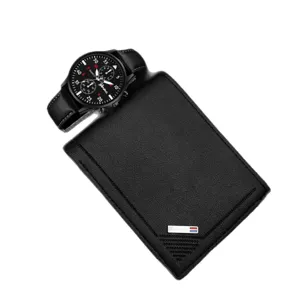 Set de regalo para hombre cartera de cuero negro y reloj de cuarzo estilo de negocios.
