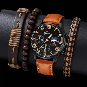 Herren Quarzarmbanduhr Set mit drei Leder- und Perlenarmbändern,schwarzes Zifferblatt.