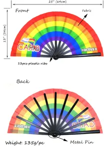 Gedetailleerd overzicht van 10-inch regenboog Kung Fu-waaier met plastic ribben