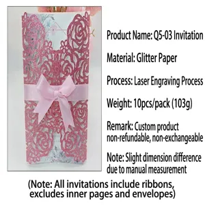 Detail view of pink laser-cut glitter invitation with elegant rose pattern and ribbon