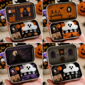 Detalle de una caja de regalo en miniatura de Halloween con un peluche de fantasma suave