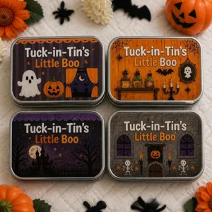 Juego de cuatro cajas metálicas de regalo para Halloween con diseños de fantasmas y calabazas