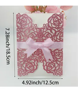 Pink glitter laser cut rose wedding invitation card with ribbon bow dimensions