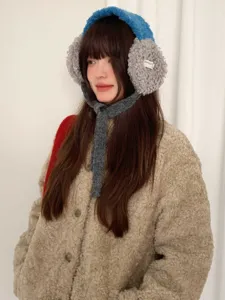 Winter warm lamb fleece earmuffs for women, cute plush windproof outdoor riding ear warmer blue.