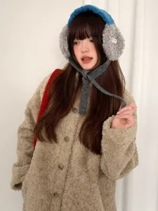 Winter warm plush earmuffs with ties, cute fuzzy fleece ear warmers for women outdoor cycling.
