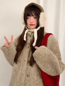 Cozy winter fleece earmuffs hat with plush ear warmers and cute ties, warm and windproof.