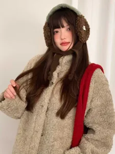 Cozy plush earmuffs hat with braided ties for winter, cute warm windproof fleece ear cover for women.