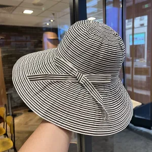 Sombrero de pescador a rayas blanco y negro de ala ancha para mujer, sombrero de sol de verano.
