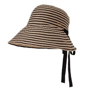 Sombrero de pescador a rayas con ala ancha para mujer protección solar de verano plegable