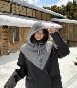 Cagoule tricotée unie écharpe capuche avec cordon pour femme hiver chaud coupe-vent.