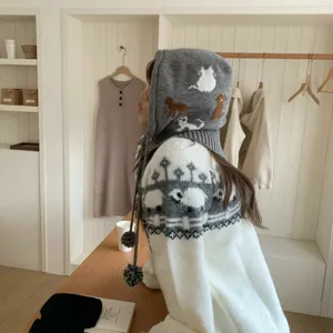 Cute cat knitted balaclava winter warm wool hood hat for women stylish pullover beanie