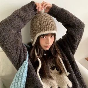 Damen Herbst Winter Warm Gestrickte Wollmütze Ins Stil Ohrklappe Pompon Beanie Lässige Winddichte Thermomütze