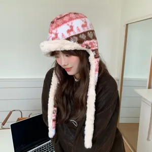 Damen Winter Warme Ohrenklappenmütze Vintage Ethno-Stil Plüsch Sherpa Bombermütze Verdickte Winddichte Thermische Trapper Mütze