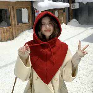 Cagoule tricotée de couleur unie avec écharpe intégrée bonnet chaud et coupe-vent d'hiver
