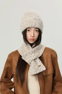 Korean style winter warm marled knit beanie hat and scarf two-piece set for women.