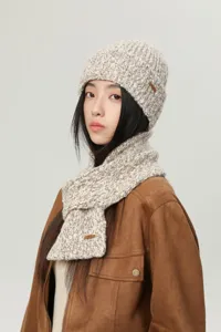 Korean style winter knit beanie scarf set warm wool blend marled hat for women detail