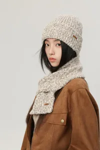 Korean style winter knit beanie and scarf two piece set, warm tweed wool hat for women.