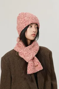 Korean winter chunky knit beanie and scarf set in pink mélange wool warm stylish apparel