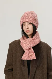 Korean winter knit beanie and scarf set for women, warm marled wool hat and neck warmer.