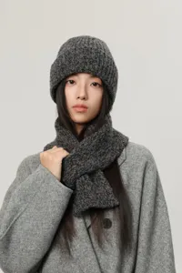 Korean winter thick knit beanie and scarf set, cozy heather grey wool hat warm two-piece apparel.