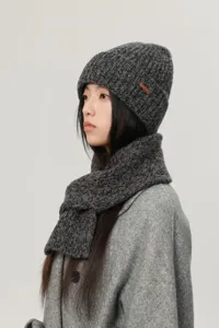 Korean style winter thick knit beanie and scarf two piece set warm gray wool hat