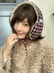 Thickened warm plush plaid ear muffs for women winter cute cozy fleece ear warmers outdoor