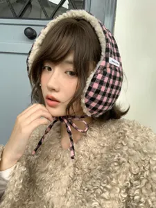 Pink black plaid fluffy earmuff winter warm plush ear warmer hat for women daily wear detail.