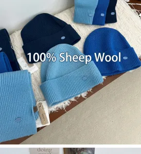 Blue knit beanie hat and scarf set, winter warm wool cold weather accessories for women.