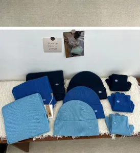 Blue knitted winter hat scarf and gloves set cozy ribbed warm accessories for women.