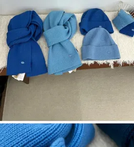Blue knitted beanie and scarf set, soft winter warm wool knit hat and long scarf combo.