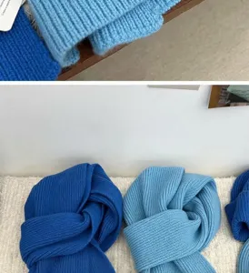 Blue ribbed knit scarf detail, soft and warm cozy winter fashion accessory for women.