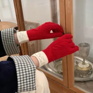 Red and white color block knit gloves winter warm touchscreen thermal gloves for women detailed view