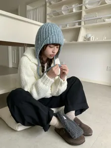 Korean style autumn winter chunky knit balaclava hat warm earflap cap for women stylish cozy