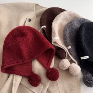 Women Winter Warm 100% Wool Balaclava Hat Thickened Knitted Earflap Beanie With Double Pom Poms Casual Fashion Headwear