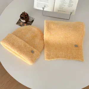 Korean style cozy knitted fuzzy hat and scarf set winter warm yellow beanie neck warmer