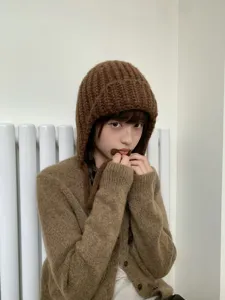 Korean style winter thick knit balaclava hat for women warm earflap beanie cozy brown