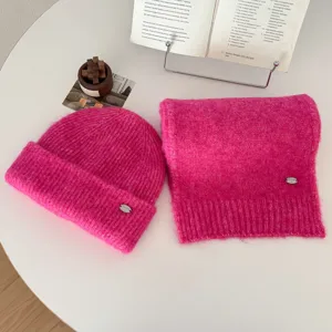 Korean style pink knit beanie hat and scarf warm winter set for women fashion casual wear