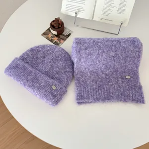 Purple fuzzy knit hat and scarf set, soft winter warm beanie and neck warmer for women.