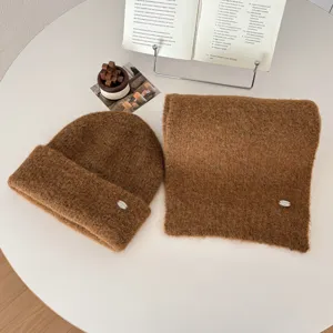 Korean style autumn winter brown fuzzy knitted beanie hat and scarf warm set for women