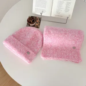 Pink knit hat scarf set, cozy winter warm fuzzy beanie and stylish neck warmer for women.