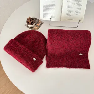 Korean style winter warm knitted hat and scarf set for women, cozy red cold weather gear.