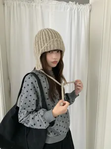 Korean style thick knit balaclava warm winter earflap beanie hat for women daily wear.