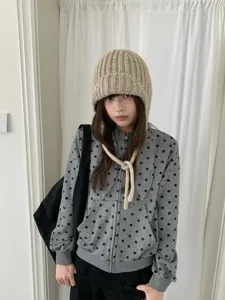 Korean style thick knit balaclava hat, warm winter earflap beanie and grey polka dot hoodie.