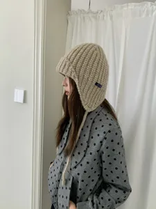 Korean style thick knit balaclava hat, warm winter earflap cap with cute braided ties for women.