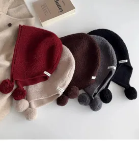 Korean style autumn winter 100% wool balaclava hat with cute pom pom earflap knit cap.