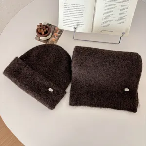 Cozy brown knit beanie and scarf set winter warm plush hat neck warmer elegant style