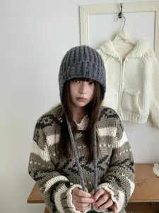 Korean style chunky knit balaclava hat for women, warm winter earflap beanie and hood in gray.